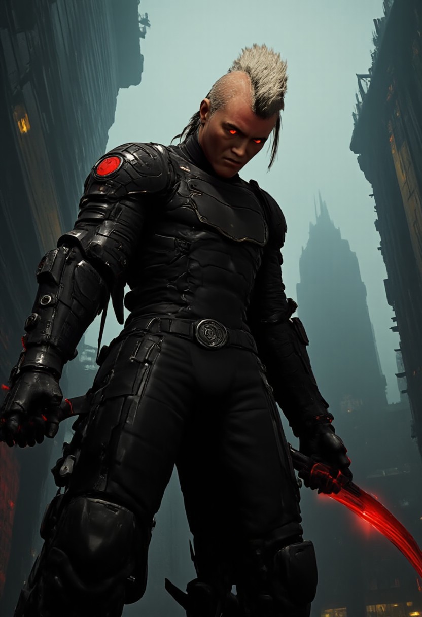 civitametapunk, shoulder level from below angle, detailed face of a horrifying  black knight all dressed in black armor, he has a spiky design or mohawk on the top of his head and the sides of his hairstyle is short and neat, light skin, obsidian black armor, (glowing red eyes) and looking down at viewer with angry expression , holding a glowing ghostly scythe, menacing, atmospheric haze, a cyberpunk metropolis, MythP0rt <lora:artilands:0.8>, Leather Brown hue and vibrant Midnight red tint , cyberpunk, anime
