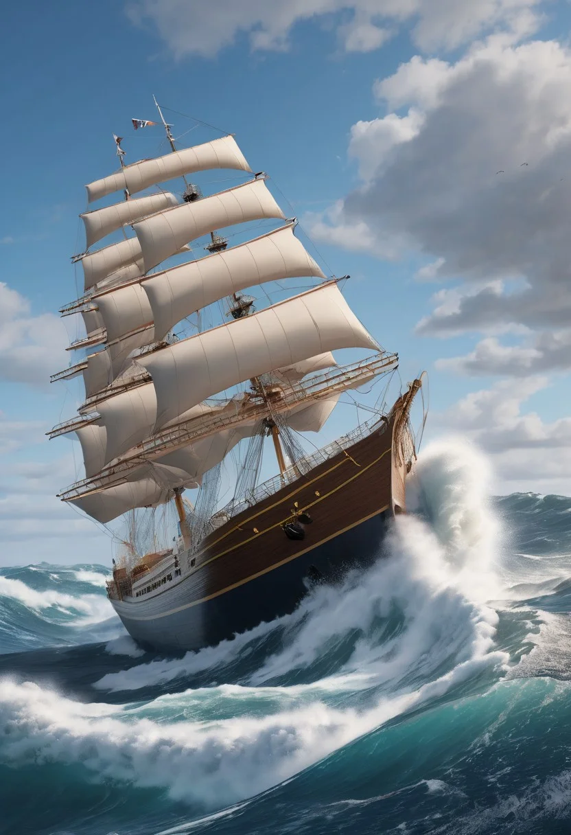 advntr, 8k, breathtaking, from side view of a big ship getting swayed by huge waves, small boat near, foam, masterpiece, highly detailed, undefined,