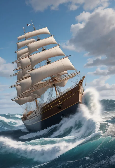 advntr, 8k, breathtaking, from side view of a big ship getting swayed by huge waves, small boat near, foam, masterpiece, highly detailed, undefined,