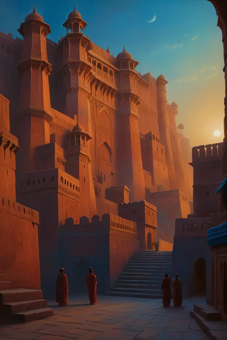 fantasy atmosphere, Mehrangarh Fort at Jodhpur, Indian fort, (15th Century:1.5), dramatic atmosphere, dream scenery art, beautiful oil painting, romantic, masterpiece, highres, <lora:add-detail-xl:1>  <lora:Aros_Castle_Style:1>