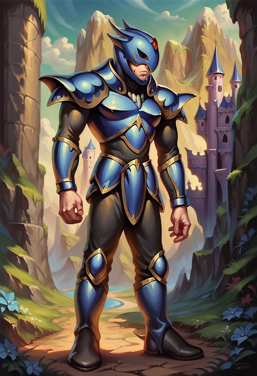 score_9_up, score_8_up, score_7_up, score_6_up, 1boy, solo, C3cil_H_OGDK, full body, helmet, armor, boots, shoulder armor, standing proudly, fantasy art, painted art, fantasy landscape, castle in background, realistic