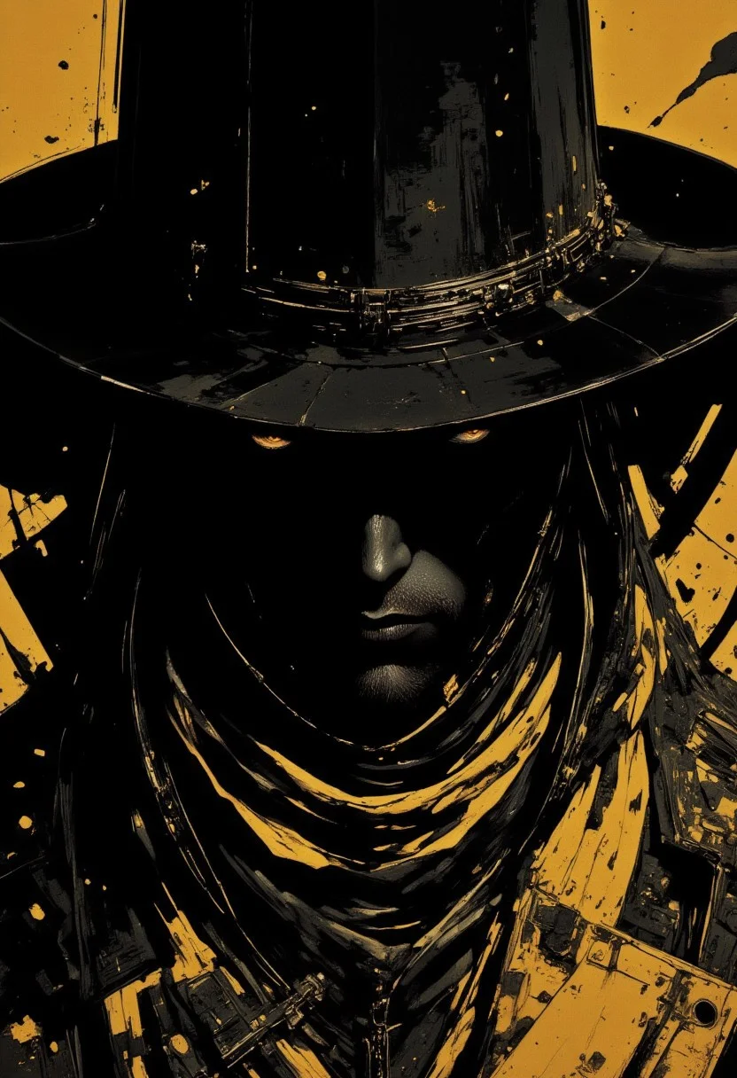 Monochrome manga sketch, close-up portrait of a dark and mysterious cowboy sheriff with a deadly gaze, wearing a tattered high-collar coat in a black and gold palette. His face is partially shrouded by shadows and the high collar, blending dramatically with the environment. Hyperdetailed with golden highlights, intense expression, high contrast, manga-style art.