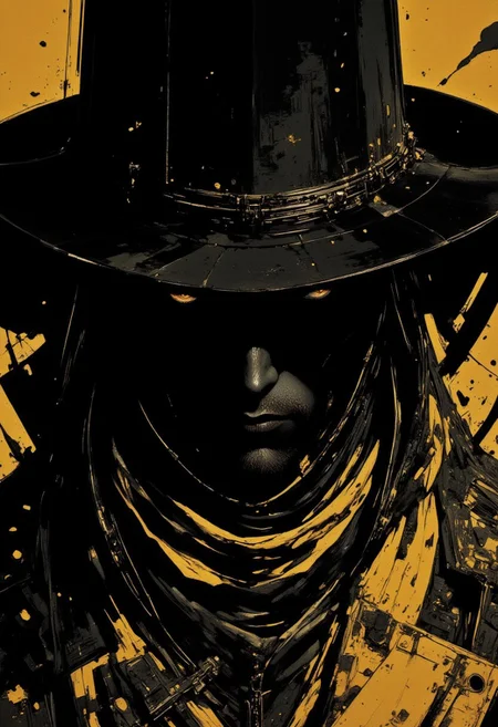 Monochrome manga sketch, close-up portrait of a dark and mysterious cowboy sheriff with a deadly gaze, wearing a tattered high-collar coat in a black and gold palette. His face is partially shrouded by shadows and the high collar, blending dramatically with the environment. Hyperdetailed with golden highlights, intense expression, high contrast, manga-style art.