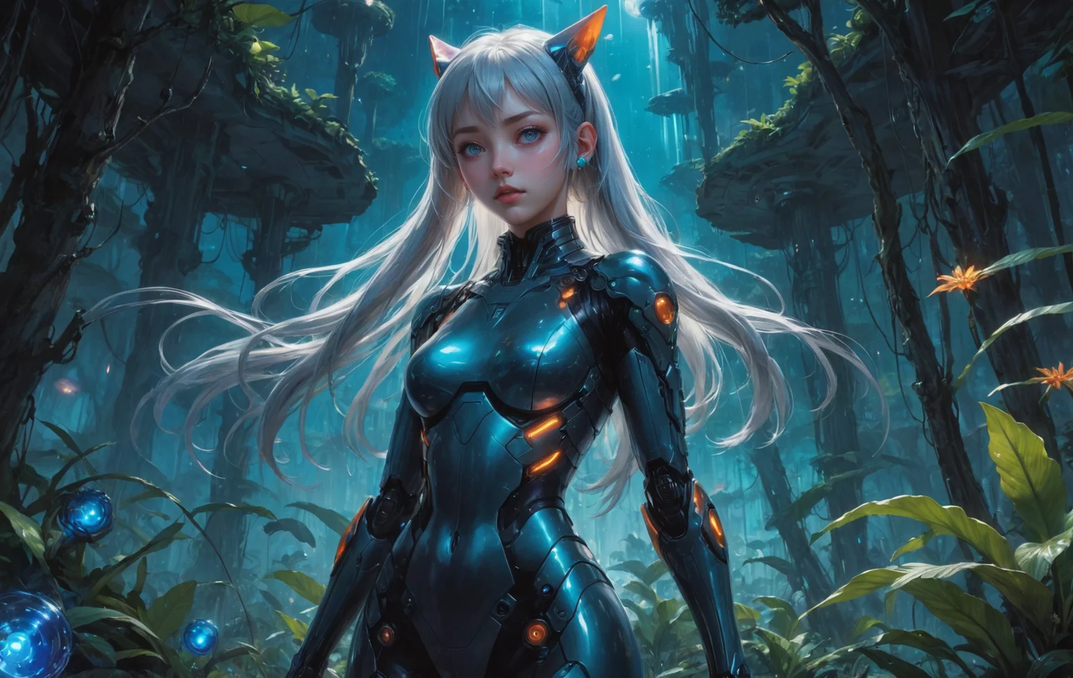 anime style, 1girl, blunt bangs, high ponytail, silver hair, pointy ears, in the depths of a bioluminescent alien jungle, [evangelion:cyberpunk edgerunners:0.5], reflective transparent iridescent opaque clothing, long sleeves, flowing dress, long skirt, very aesthetic, highres, 4k, 8k, intricate detail, cinematic lighting, amazing quality, amazing shading, detailed Illustration, official artwork, wallpaper, official art, extremely detailed eyes and face, beautiful detailed eyes, from below, full body, thigh gap, <lora:aesthetic_anime_v1s:1>