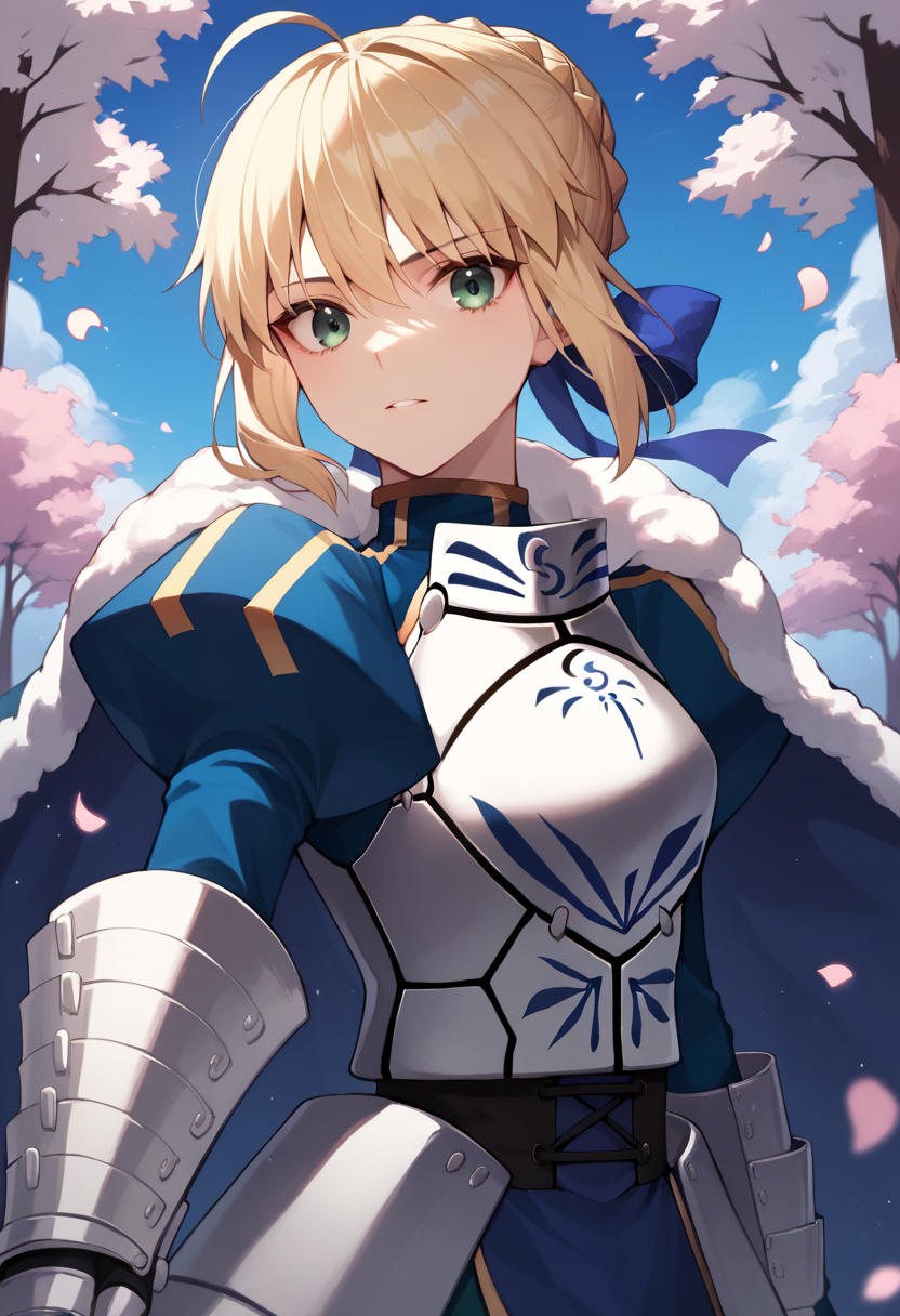 score_9,score_8_up,score_7_up,1,<lora:stay_night_all:1>,1girl,ahoge,artoria_pendragon_\(fate\),blonde_hair,breastplate,cape,falling_petals,gauntlets,green_eyes,hair_bow,hair_bun,looking_at_viewer,saber_\(fate\),solo,tree,