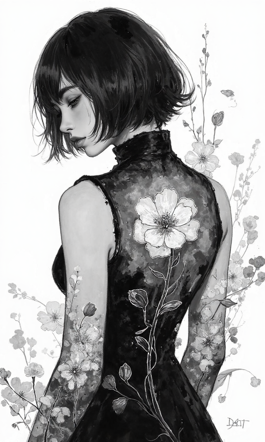Medium shot view of a digital artwork with ink wash and illustrative style, a woman is appearing from the chest up, with her back fully facing the camera, the body pose is standing straight with a slight tilt of her head to her right shoulder, her face is shown in a partial side profile, only revealing one eye, and her body is positioned directly facing away, the artwork is made of soft blended shapes for the woman's silhouette and dress, with sharp defined outlines for the hair and floral elements, there are organic shapes composing the hair and the falling petals and abstract shapes forming the ink wash texture on her dress, her visible facial feature is one eye with a closed eyelid, there is no visible mouth or nose, she has a short bob hairstyle with black hair that obscures most of her face except for one eye, she is wearing a high neck dress that is black with an ink wash texture effect, with a white outlined flower centered on her upper back from which white outlined petals are falling downwards, and there are white outlined floral and leaf elements scattered around her left shoulder and side, the background is solid white, and the lighting is flat and diffused, emphasizing the contrast between the black ink wash and the white background and floral outlines., <lora:FLUX-daubrez-DB4RZ-v2:0.35> DB4RZ, DB4RZ style painting
<lora:MoriiMee_Gothic_Niji_Style__FLUX_LoRA_Test_2:0.35>
<lora:aidmaMJ6.1_v0.5_3:0.35> aidmamj6.1, aidmamj6