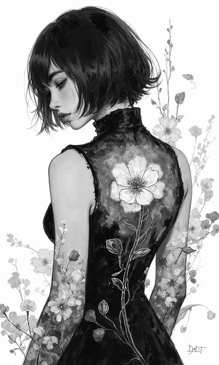 Medium shot view of a digital artwork with ink wash and illustrative style, a woman is appearing from the chest up, with her back fully facing the camera, the body pose is standing straight with a slight tilt of her head to her right shoulder, her face is shown in a partial side profile, only revealing one eye, and her body is positioned directly facing away, the artwork is made of soft blended shapes for the woman's silhouette and dress, with sharp defined outlines for the hair and floral elements, there are organic shapes composing the hair and the falling petals and abstract shapes forming the ink wash texture on her dress, her visible facial feature is one eye with a closed eyelid, there is no visible mouth or nose, she has a short bob hairstyle with black hair that obscures most of her face except for one eye, she is wearing a high neck dress that is black with an ink wash texture effect, with a white outlined flower centered on her upper back from which white outlined petals are falling downwards, and there are white outlined floral and leaf elements scattered around her left shoulder and side, the background is solid white, and the lighting is flat and diffused, emphasizing the contrast between the black ink wash and the white background and floral outlines., <lora:FLUX-daubrez-DB4RZ-v2:0.35> DB4RZ, DB4RZ style painting
<lora:MoriiMee_Gothic_Niji_Style__FLUX_LoRA_Test_2:0.35>
<lora:aidmaMJ6.1_v0.5_3:0.35> aidmamj6.1, aidmamj6