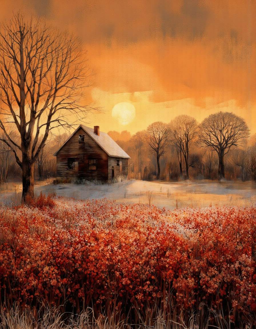 . A photo-realistic painting of a house in a frosty landscape during sunset. the house is situated in the middle of the image, surrounded by a dense, frosty field with red flowers and bare trees in the foreground. the sky is a gradient of orange and yellow hues, with the sun setting behind the house, casting a warm glow over the scene. the trees are silhouetted against the sky, and the house itself is a dark, single-story structure with a sloping roof and a chimney. the image has a serene and peaceful atmosphere, with a sense of tranquility and serenity.