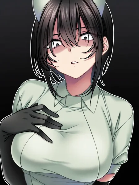 score_9, score_8_up, score_7_up, 
1girl, kangoshichou sb, black hair, short hair, hair between eyes, constricted pupils, black eyes, large breasts,

black background, face, black elbow gloves, hand on own chest, frown, looking at viewer, parted lips, nurse, short sleeves, nurse cap,

