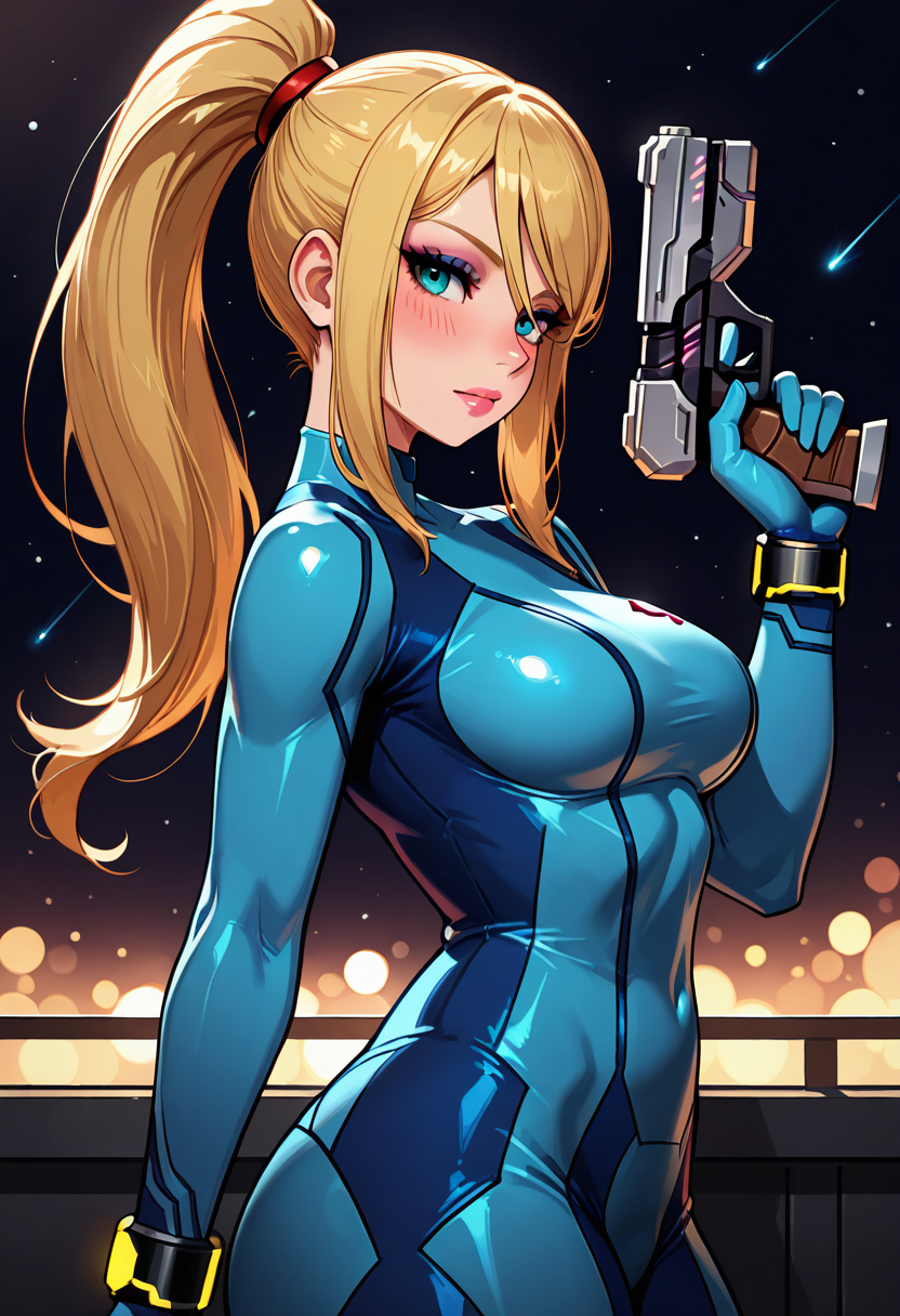 masterpiece, best quality, 32k, high resolution, absurdres, medium breasts, (curvy), cute, eyelashes,     samus, solo, blonde hair, bodysuit, blue clothes, blue pants, (upper body:1.1),   looking at viewer, side view, (gun up), outer space, makeup, night, eyeshadow, pink lips, blush, bokeh, luminescent background,