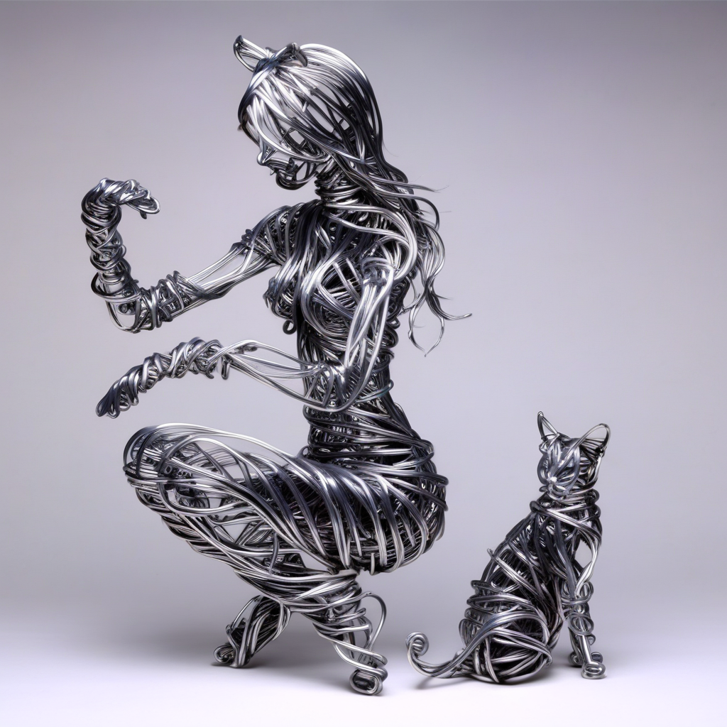 wirex wire sculpture girl and cat<lora:wirex:1>