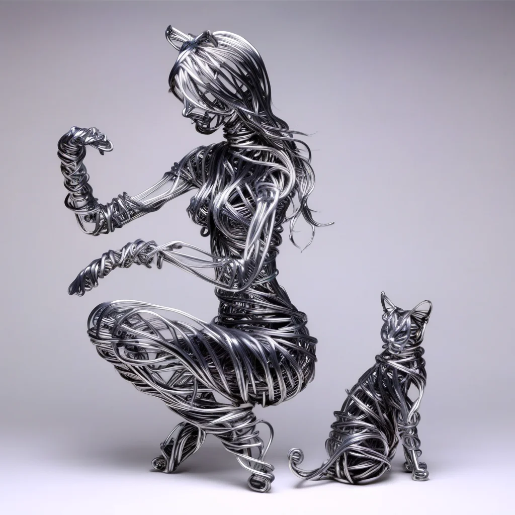 wirex wire sculpture girl and cat<lora:wirex:1>