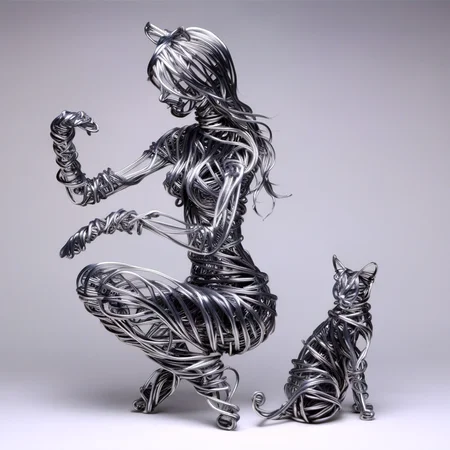 wirex wire sculpture girl and cat<lora:wirex:1>