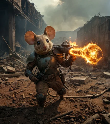 A hyper-detailed, cinematic movie film still of a heroic warrior mouse in a post-apocalyptic battlefield. The mouse is anthropomorphic, standing upright like a human, but retains realistic animal features—soft brown fur, glossy black eyes, prominent rounded ears, small paws, and a twitching nose. It is wearing a full tactical exosuit styled like futuristic combat armour, combining elements of high-tech and dieselpunk aesthetics. The armour is matte black with metallic silver and carbon fibre plating, detailed with tubes, bolts, and glowing blue energy nodes. Small scratches and dust marks on the armour suggest battle wear, adding to the realism. A utility belt wraps around its waist, holding pouches, small grenades, and various survival gear. The mouse is gripping a massive sci-fi assault rifle/bazooka that appears comically oversized yet still functional for its frame, suggesting immense strength or power-assisted gear. The weapon has intricate mechanical details—barrel vents, glowing lights, and a visible energy core—emitting a vivid orange muzzle flash as the mouse fires. Sparks fly from the weapon's ejection port, adding dynamic intensity. The mouse’s stance is wide and confident, projecting both readiness and courage, feet slightly apart, tail coiled defensively around its leg. Surrounding the mouse is a gritty, war-torn industrial landscape filled with debris, twisted metal, broken machinery, and glowing embers. The environment is dimly lit, illuminated primarily by flickering fires, burning wreckage, and scattered spotlights from above. Thick smoke coils in the background, adding a sense of depth and urgency. Dangling electrical cables and rusted steel beams hang from the ceiling of what appears to be a ruined underground bunker or factory. The floor is strewn with rubble, bullet casings, severed wires, and cracked tiles, contributing to the chaotic, scorched-earth mood. In the distant background, silhouettes of other small animal warriors can be faintly seen moving through the haze—possibly part of a rebel faction. The overall colour palette is a dramatic mix of dark greys, burnt oranges, and steel blues, with high contrast lighting that gives a cinematic, action movie look. The atmosphere evokes the feeling of a desperate last stand or an ongoing guerilla war. The mouse’s expression is calm but determined, its eyes large and filled with resolve. The image conveys the contrast between the mouse’s small size and the huge responsibility it bears as a warrior, symbolising bravery in the face of overwhelming odds. The style is a cinematic, 2000's amateur photo. This scene could easily fit into a gritty sci-fi epic, reminiscent of The Warrior Mice of Redwall crossed with Warhammer 40k and Mad Max, blending whimsy and intensity in a unique and visually striking way.4k, 8k, highly detailed, cinematic, 8k, dramatic lighting, high detail, highly detailed, hyper realistic, intricate, intricate sharp details, 35mm photograph, film, bokeh, professional, 4k, highly detailed