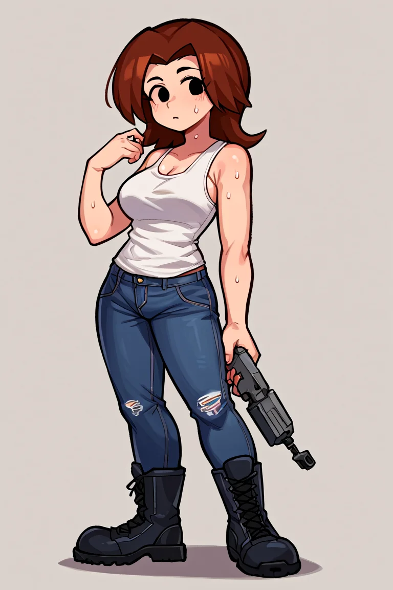 solo, 1girl, sbmiigunner, brown hair, black eyes, solid eyes, parted bangs, medium hair, white tank top, Jeans, combat boots, mechanic, oil stains, standing, wiping tears, sweat rag