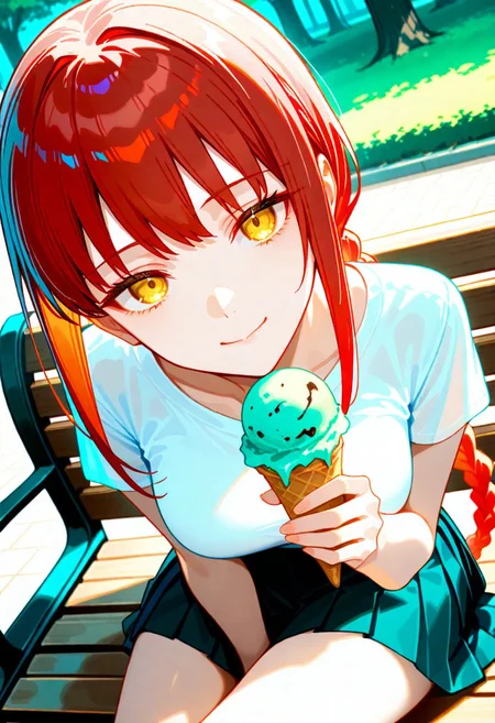 masterpiece, best quality, very aesthetic, absurdres, cinematic, dynamic angle, perfect composition, solo, 1girl, medium breast, Makima, yellow eyes, red hair, long hair, braided ponytail, sidelocks, short-sleeve shirt, pleated skirt, ice cream cone, park bench, cheerful mood, vibrant greenery, blank stare, head tilt, slight smile, looking at viewer,