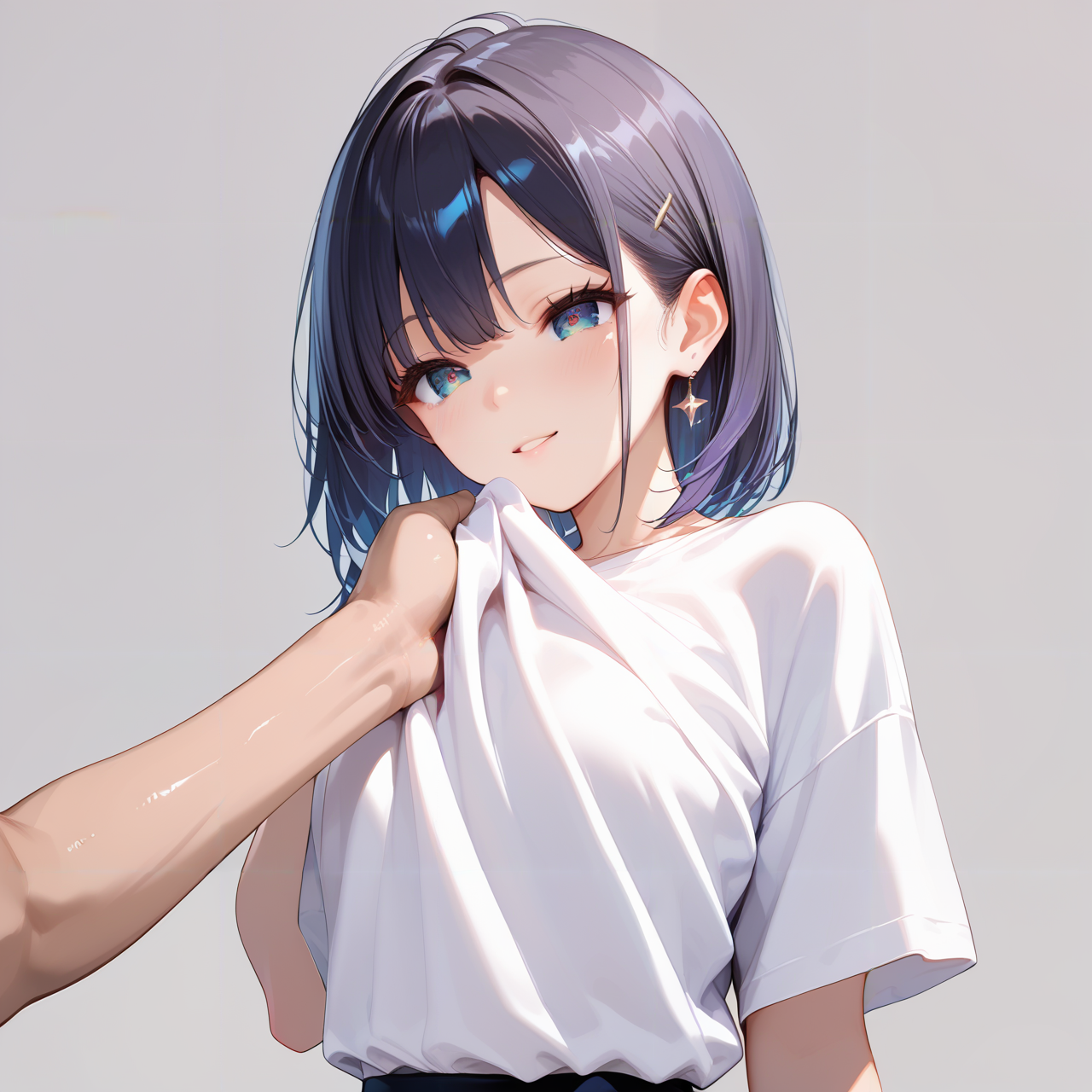score_9, score_8_up, score_7_up,source_anime, high res image,ultra-detailed,8K,illustration,CG,shiny hair,clear skin,ultra-detailed-eyes,simple background,cute girl <lora:grabbing chest_pony_V1.0:0.7> grabbing chest, shirt, 1girl, 1boy