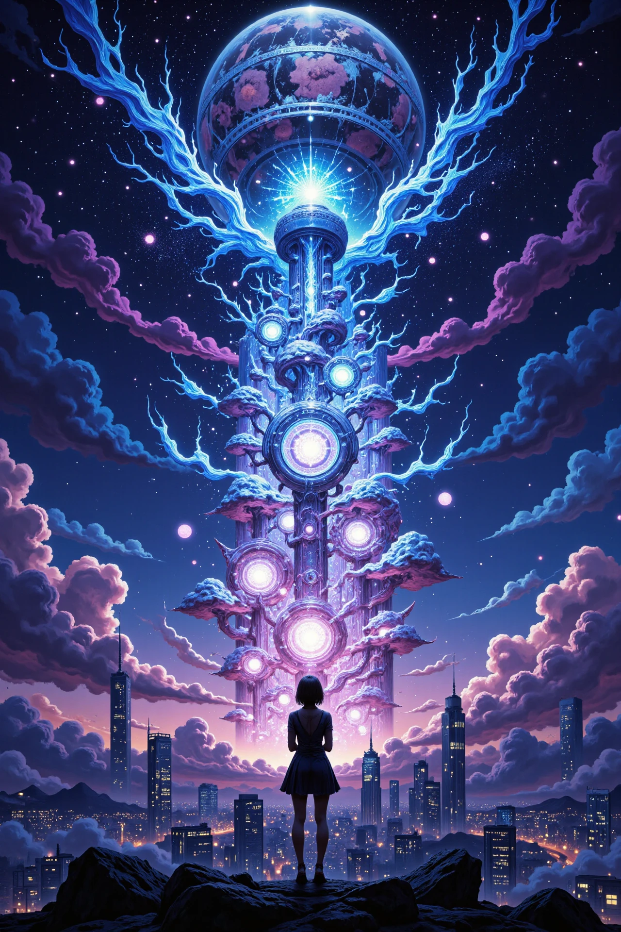 a futuristic city in the clouds beautiful  anime landscape, bright luminous night, woman, very intricate, very detailed, sharp, bright, colorful, <lora:Hand v2:0.5> <lora:Anti-Blur:1><lora:Insane Detail Slider:0.25>  <lora:flux.1_lora_flyway_Epic-detail_v2:0.3> <lora:fluxenhancer:0.25> <lora:ROWER:0.6> <lora:flux-charmer-v1-1:0.4><lora:Colorful_Fantasy_Art_for_FLUX:1> fantasy art