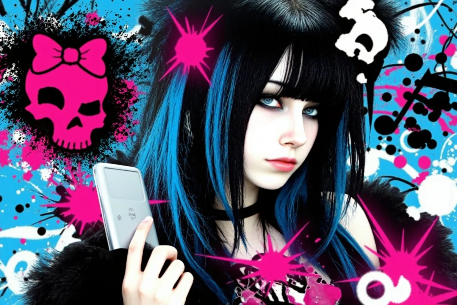 silhouette of a bold early-teen girl with long layered jet-black hair and curtain bangs, stylized with blue and black halftone shading, wearing fitted graphic outfit with fluffy black sleeves, set against a bright vector-style background filled with swirling black lines, glossy circles, white ink splashes, abstract flourishes, and halftone overlays, second layer features pink and black emo pop elements including cartoon skull with bow, hot pink starburst bursts, black music notes, paint splatters, and neon white swirls, silver iPod with click wheel near her hand, vivid flat color palette of cyan, magenta, white, and black, high contrast lighting with posterized tones, sticker-style aesthetic with bold clean outlines, composition layered and chaotic with metro vector-art fusion style, blending Frutiger Aero, pop punk, and Y2K digital design.
