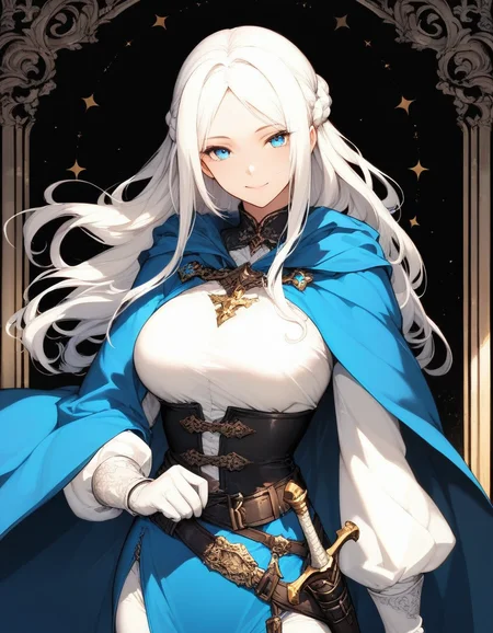 Masterpiece,best quality,sophisticated,hualide2dshuicai,
1girl,solo,blue eyes,long hair,breasts,weapon,sword,gloves,white hair,belt,looking at viewer,braid,cape,smile,white gloves,sheath,long sleeves,blue cape,sheathed,parted bangs,
<lora:tonton shuicai Illustrious-XL:0.8>,