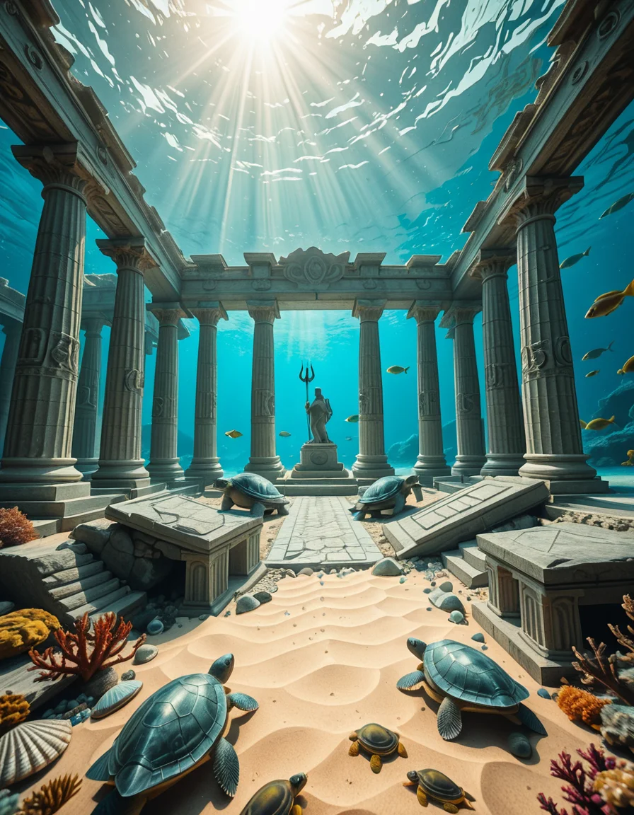An ancient underwater Temple of Poseidon, partially buried in sand and coral at the bottom of the Aegean Sea. Massive marble columns, some broken, others still standing, encrusted with seashells and marine life. Soft sunlight filtering through the ocean surface above, casting shimmering rays over the temple ruins. Colorful fish and sea turtles swimming peacefully around. The atmosphere is mystical and serene, with a bluish-green hue dominating the scene. A statue of Poseidon with a trident stands at the center of the temple, covered in algae and marine growth. Realistic style, high detail, cinematic lighting, wide-angle view.
<lora:SDXLFaeTastic2400:0.4> <lora:extremely_detailed:0.4> extremely detailed,underwater Temple of P0s31d0n, <lora:underwater_Temple_of_P0s31d0n-i:1>, Masterpiece,best quality,hi res,8k,hi res,8k,award winning,(sharp focus, intricate, highly detailed),