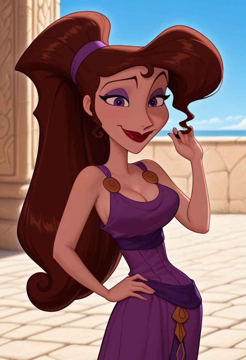 masterpiece, best quality, amazing quality, very aesthetic, absurdres,  newest, detailed background, cowboy shot, 4k, 8k, outdoors, ancient greece, ralphstyle,
megaraxd, 1girl, solo, makeup, lipstick, ponytail, long hair, brown hair,  purple eyes, purple dress, cleavage, large breasts, jewelry, looking at viewer, hand on hips, hand on hair, smile, red lips,  sexy, seductive, 
 <lora:Megara_-_Disney_Illustrious:1>
