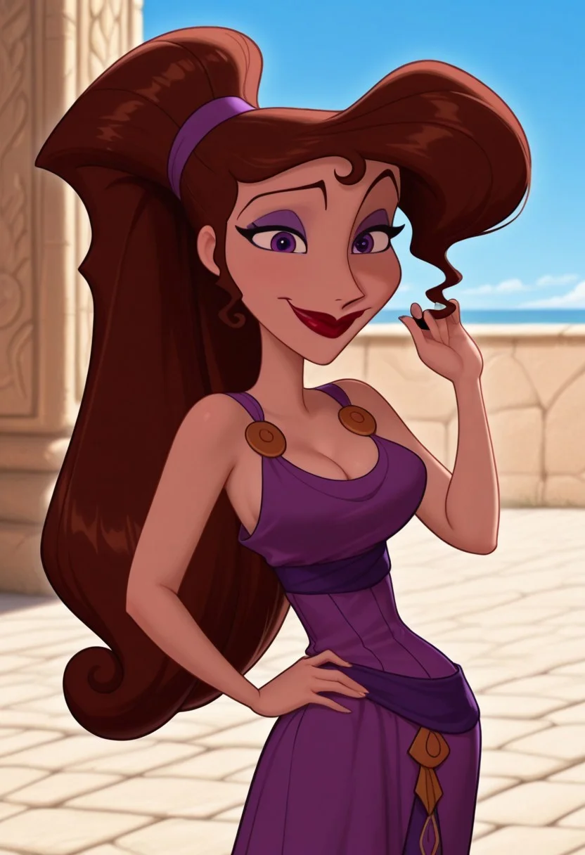 masterpiece, best quality, amazing quality, very aesthetic, absurdres, newest, detailed background, cowboy shot, 4k, 8k, outdoors, ancient greece, ralphstyle,
megaraxd, 1girl, solo, makeup, lipstick, ponytail, long hair, brown hair, purple eyes, purple dress, cleavage, large breasts, jewelry, looking at viewer, hand on hips, hand on hair, smile, red lips, sexy, seductive,
<lora:Megara_-_Disney_Illustrious:1>