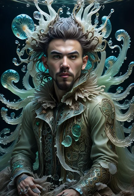 long mid shot portrait photography of an ethereal young man warrior, (glowing runes: 1.1), fairytale aesthetic. light green sheme, Photorealistic, intricate details, realism, sfw, ultrasharp, photography, floating, water, under water, jellyfish, haute couture, tentacles, bioluminescence
