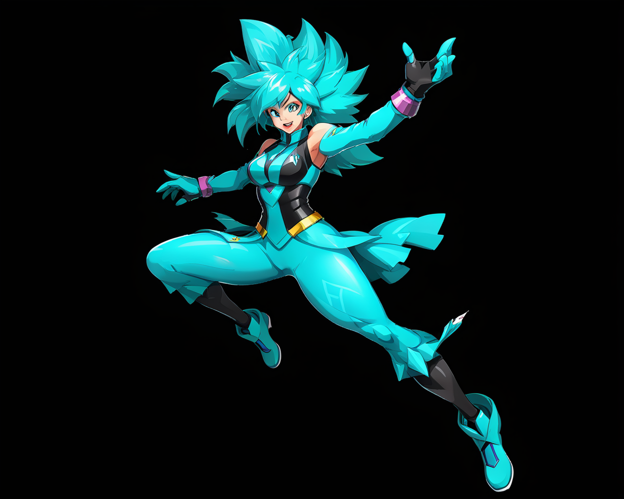 full body,1girl,solo,a useless aqua,happy,dynamic pose,simple background,black background,art by ncrender, <lora:NCRenderV3:1>