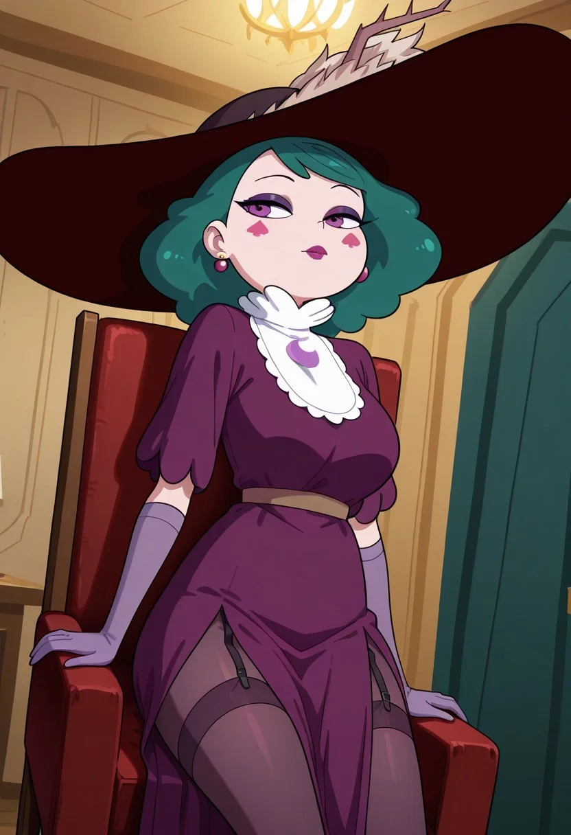 good quality, best quality, masterpiece, absurdres, high resolution, anime screencap, anime coloring, traditional media, masterpiece, best quality, amazing quality, very aesthetic, high resolution, ultra-detailed, absurdres, Indoors, dutch angle, cowboy shot
eclipsaILL
solo, green hair, purple eyes, makeup ,long purple dress, long hair, pantyhose, purple lipstick, elbow gloves, purple gloves, jewelry, hat, hat feather, garter straps, black footwear, eyeshadow, medium hair, milf, sitting, chair,
