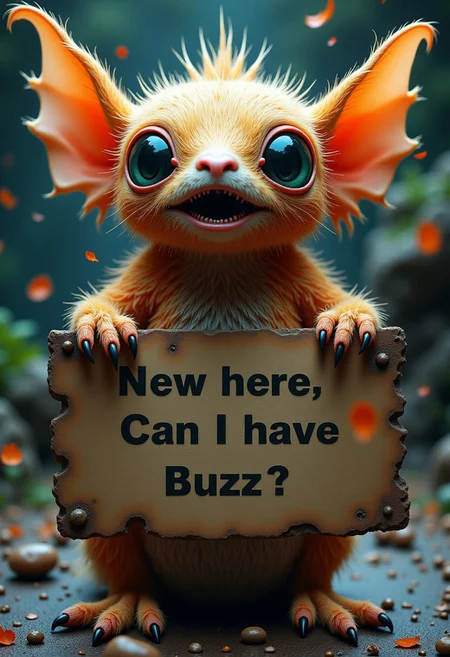A strange feathered creature holding a sign saying "New here. Can I have Buzz?", intricate details, mystical, stunning, award winning, cinematic still, dreamlike, otherworldly, vivid colors, dramatic lighting