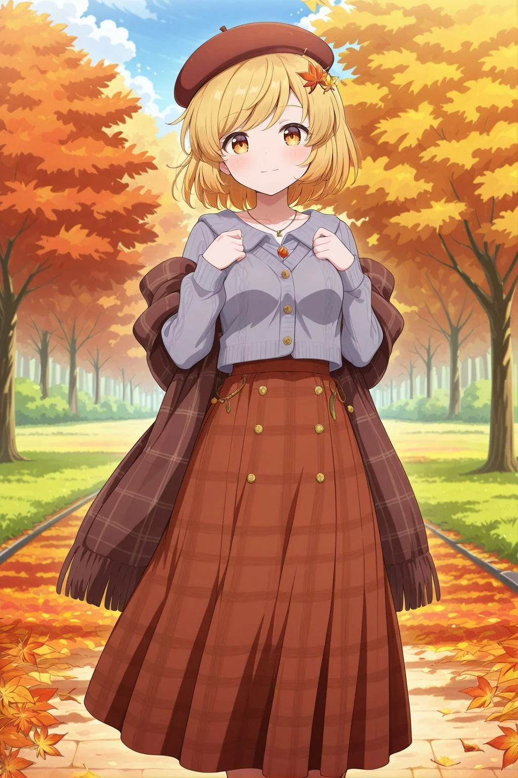 absurdres, highres, masterpiece, best quality, amazing quality, official anime artwork, screencap, anime screencap, outdoors, looking at viewer, light smile, dynamic pose, standing,
 <lora:Aki-Shizuha_Illustrious:1> aki shizuha, 1girl, yellow eyes, blonde hair, short hair, small breasts,, aki shizuha \(melancholy autumn-leaf artist in winter\), alternate costume, beret, pendant, plaid clothes, brown hat, grey vest, brown skirt, long skirt, plaid skirt, leaf hair ornament, brown scarf, scarf around arms,