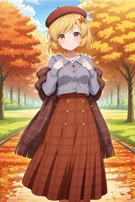 absurdres, highres, masterpiece, best quality, amazing quality, official anime artwork, screencap, anime screencap, outdoors, looking at viewer, light smile, dynamic pose, standing,
<lora:Aki-Shizuha_Illustrious:1> aki shizuha, 1girl, yellow eyes, blonde hair, short hair, small breasts,, aki shizuha \(melancholy autumn-leaf artist in winter\), alternate costume, beret, pendant, plaid clothes, brown hat, grey vest, brown skirt, long skirt, plaid skirt, leaf hair ornament, brown scarf, scarf around arms,