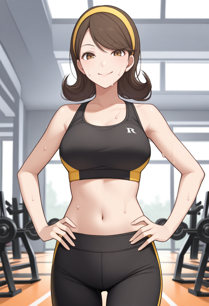 masterpiece, best quality, 1girl, solo, looking at viewer, cowboy shot, smile, gym, hands on hips
orange sports bra, black yoga pants
 <lora:zs_TerauchiILLU:1> 3r4uchip3, brown hair, medium hair, brown eyes, yellow hairband, older woman, sweat