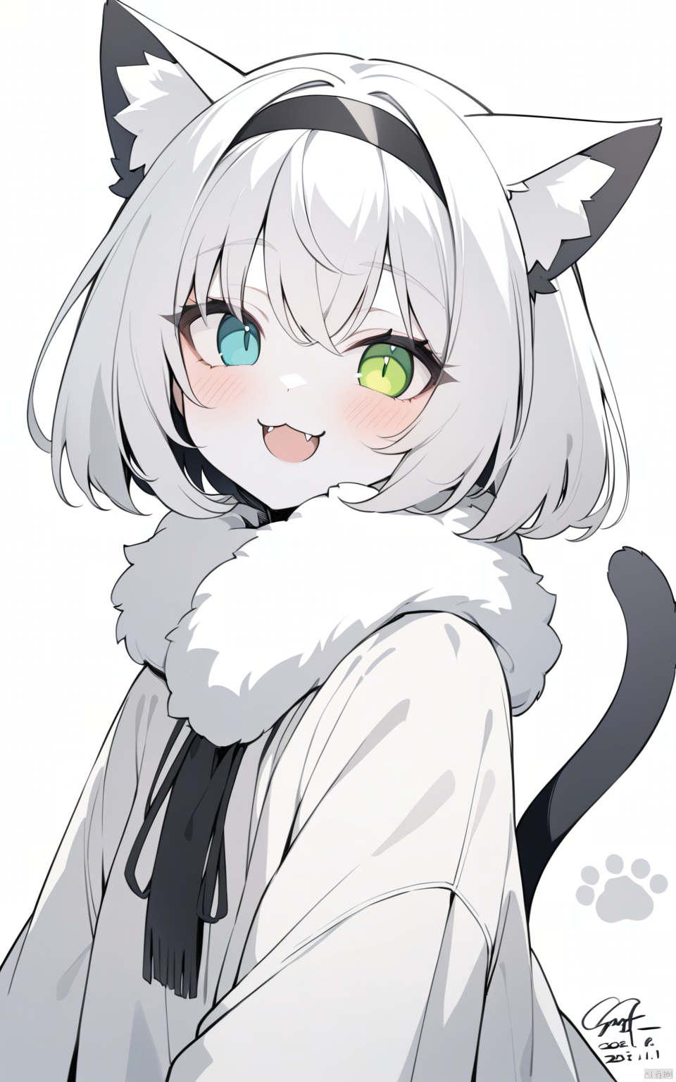 1girl, best quality, colored sclera, heterochromia, furry female, open mouth, cat tail, white background, furry, pawpads, looking at viewer, signature, monochrome, blush, cat ears, cat girl, hairband, scarf, smile, fur, dated, fur scarf, cat boy, eyelashes, artist name, greyscale, fangs, animal ears, tail, portrait, black sclera, :3, white eyes, solo, :d, short hair, bob cut, koban (gold), green eyes, simple background,

masterpiece, newest, absurdres, safe