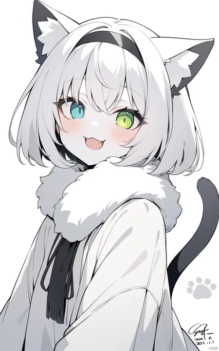1girl, best quality, colored sclera, heterochromia, furry female, open mouth, cat tail, white background, furry, pawpads, looking at viewer, signature, monochrome, blush, cat ears, cat girl, hairband, scarf, smile, fur, dated, fur scarf, cat boy, eyelashes, artist name, greyscale, fangs, animal ears, tail, portrait, black sclera, :3, white eyes, solo, :d, short hair, bob cut, koban (gold), green eyes, simple background,

masterpiece, newest, absurdres, safe