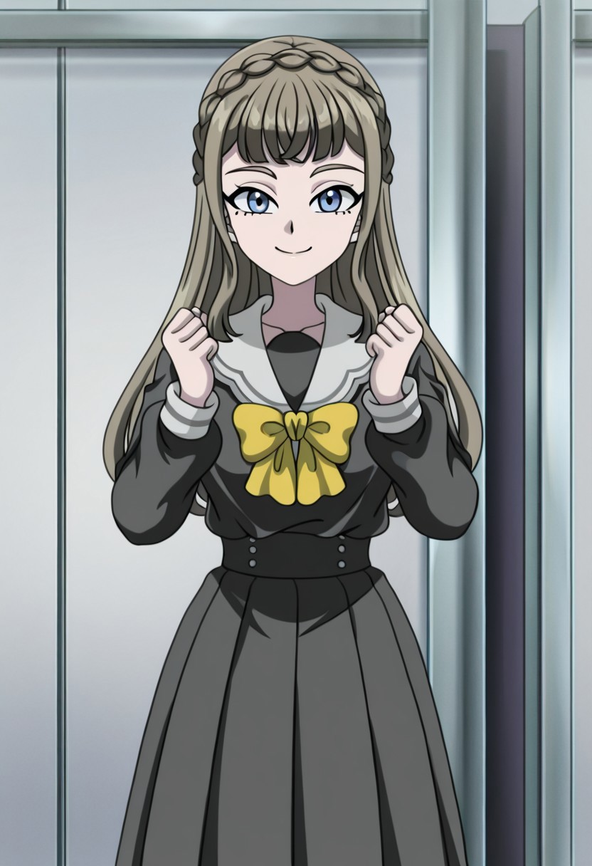 zPDXLx, mur4k4mi-ip,anime screencap,anime art style,beyblade series, beyblade x, monokero, 1girl, crown braid, smile, braid, bow, blue eyes, yellow bow, looking at viewer, long hair, bowtie, solo, bangs, closed mouth, sailor collar, clenched hands, hands up, brown hair, standing, black skirt,tight-fitting outfit,