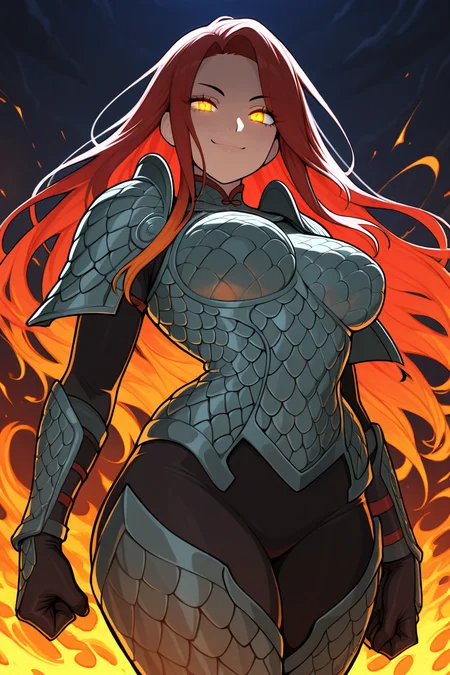 masterpiece, best quality, medium breasts, (curvy), ,,, dragon rider, scale armor, massive mystical dragon, fire and smoke, glowing eyes, heroic pose, fierce dragon, dark sky, dramatic lighting, adventure-filled sceneBREAK, 1girl, solo, smile, looking at viewer, cowboy shot, <lora:AfrobullIXL_v1:1.0>,