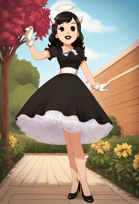 (Masterpiece, best quality:1.2), score_9, score_8_up, flat color, flat shading, soft shading, lighting, Alice Angel in a 1950's dress with a button down top, a fluffy frilly ruffled full petticoat, and high heels, dress, layered petticoat, frilly petticoat, fluffy petticoat, full petticoat, wide dress, flowing dress, long skirt, solid colored skirt, short sleeves, black hair, Bendy and The Ink Machine, series accurate, cute, best high quality, high res, black lips, white colored skin, whole body shot, 1girl, solo, outside, standing straight, in a garden, cute, adorable, smile, low angle shot, cartoon, cartoon style, vector, solo, circle dress, 1950s, alice angel