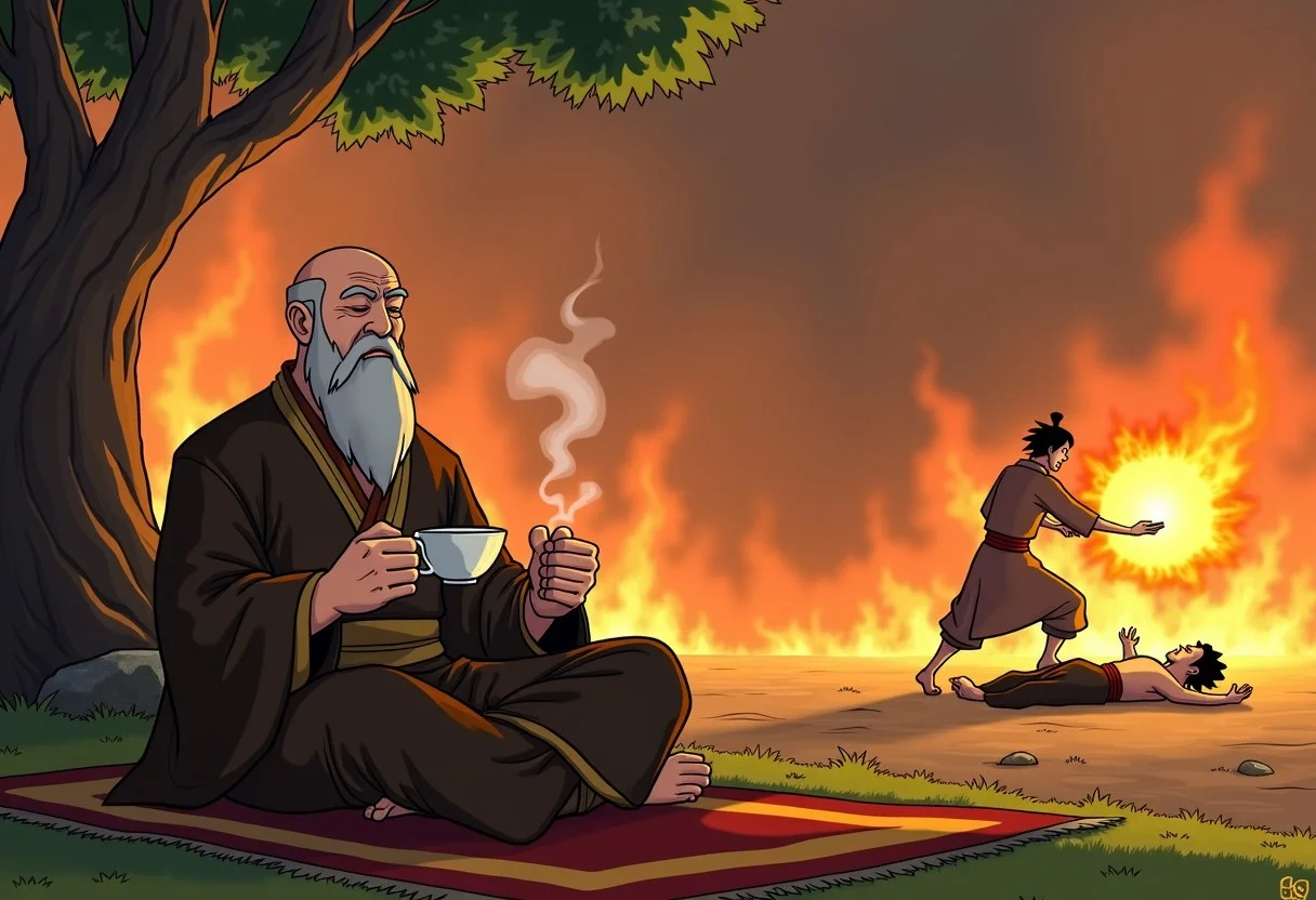 score_9, score_8_up, score_8_up, Source from avatar the last Airbender, semi realistic cartoon style,
On the front we can see uncle iroh savouring a cup of tea and sitting on carpet on a patch of green grass. He has is eyes closed with a face of delight.
In the background we can see two man fighting. The first one is zuko, he is on the ground struggling.
The second is fire lord ozai he is standing over zuko and charges a fire ball,
The background is made of scorched earth, with a lot of smoke and fire, a tree is on fire.
High quality details,
A bubble come out from iroh saying: relax zuko and enjoy a cup of tea.
