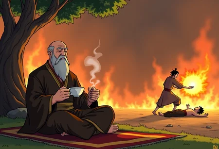 score_9, score_8_up, score_8_up, Source from avatar the last Airbender, semi realistic cartoon style,
On the front  we can see uncle iroh savouring a cup of tea and sitting on carpet on a patch of green grass. He has is eyes closed with a face of delight.
In the background we can see two man fighting. The first one is zuko, he is on the ground struggling.
The second is fire lord ozai he is standing over zuko and charges a fire ball,
The background is made of scorched earth, with a lot of smoke and fire, a tree is on fire.
High quality details,
A bubble come out from iroh saying: relax zuko and enjoy a cup of tea.