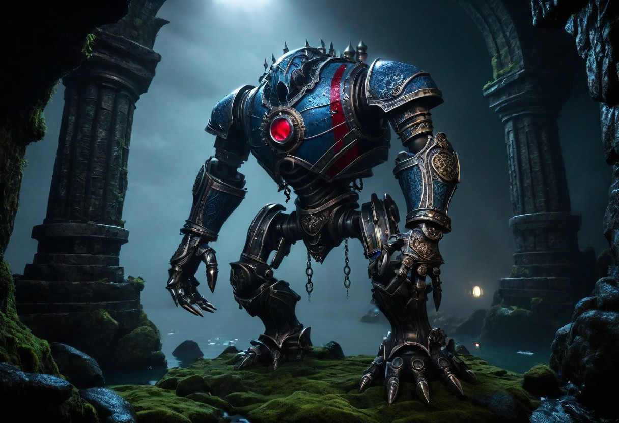 giant bipedal robot steel blue and red stripes and bronze silver paisley robot. lacy robot deep sea diving head. outside of a steampunk keep. large detailed torso. dark image. one forty foot tall ancient robot with great arms and two heavy spring legs. dark foggy night background. $dark foggy night image only. dark photo realistic image. steampunk details. cogs, chains and pipes incorporated in the fantasy buildings. magic wizards tower in background. Dark swamp, moss, castle ruins, wizards tower. stormy dark night. steel nightmare