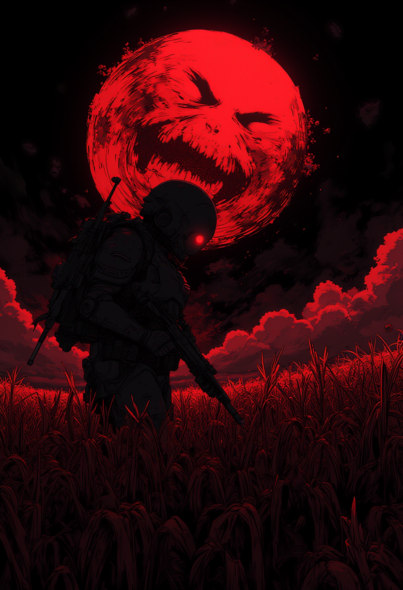 digital artwork, futuristic soldier holding a sniper rifle standing in a field of crops at night and a sinister laughing moon with a skeletal face blood-red glowing in the background which illuminates the sky which is filled with an armada of futuristic battle-ships, ,  detailed, high resolution, drawing, side view, fantasy, artistic concept art with fine chaotic brush strokes,  <lora:MJanime_flux_lora_v2:1> <lora: - Flux1 - vanta_black_V1.0:.5>