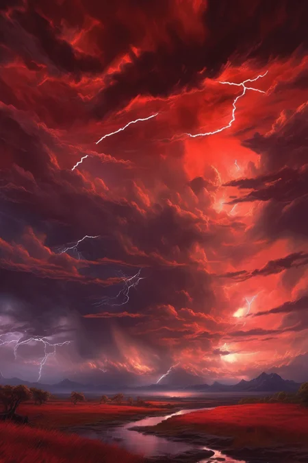 <lora:Noah Bradley Style:1>Noah Bradley Style - red sky at morning, storm is coming, fantasy landscape, photorealistic, auroracore lightningcore nightcore