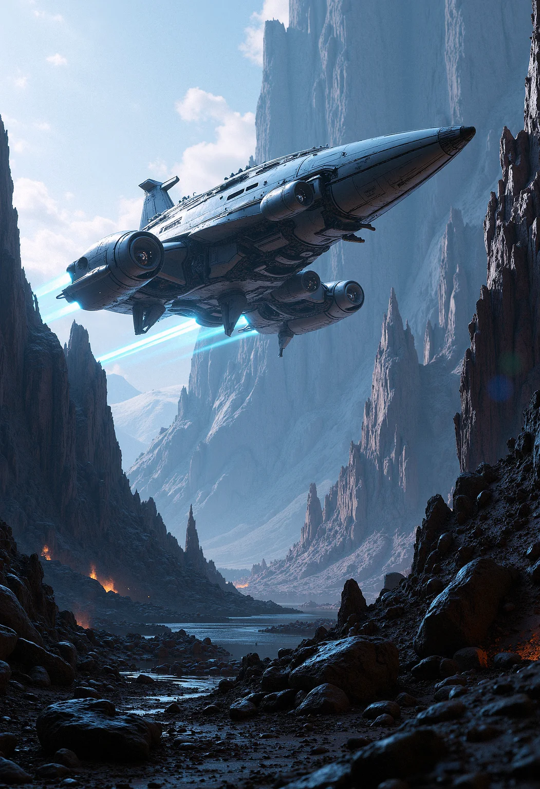 A sleek, futuristic spacecraft hovers above a barren, alien landscape, with jagged mountains and strange rock formations below. The ship has a smooth, silver hull with glowing blue energy trails emanating from its engines. The landscape is lit by the faint glow of a distant star, casting long shadows across the rough terrain. A few smaller drones accompany the main ship, scanning the surface below. The overall style is sleek and clean, with an emphasis on the contrast between the advanced technology of the spacecraft and the ruggedness of the alien world. The atmosphere is eerie and desolate, with minimal lighting and a muted color palette dominated by greys and blues. <lora:FluxMythP0rtr4itStyle:0.8> MythP0rt, <lora:ARTifacts:0.66>