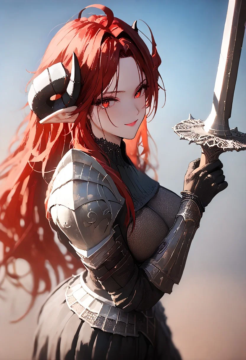 score_9, score_8_up, score_7_up, score_6_up, raw, 8k, source_anime, source_real, eldringpxl, elden ring, 1girl, solo, mature female, hinsd, ahoge, absurdly long hair, hair between eyes, mole under eye, demon horns, demon tail, demon wings, pointy ears, red eyes, huge breasts, knight, armor, demonic, spiky armor, black armor, red highlights, naughty face, evil smile, smug, holding sword, greatsword, demonic knight, no helmet, breastplate, boobplate, shoulder armor, pauldron, shoulder armor, leg armor, thigh armor, armor, fully armored, dark, outside, stony path, night, cowboy shot, looking at viewer, from front, good hands,