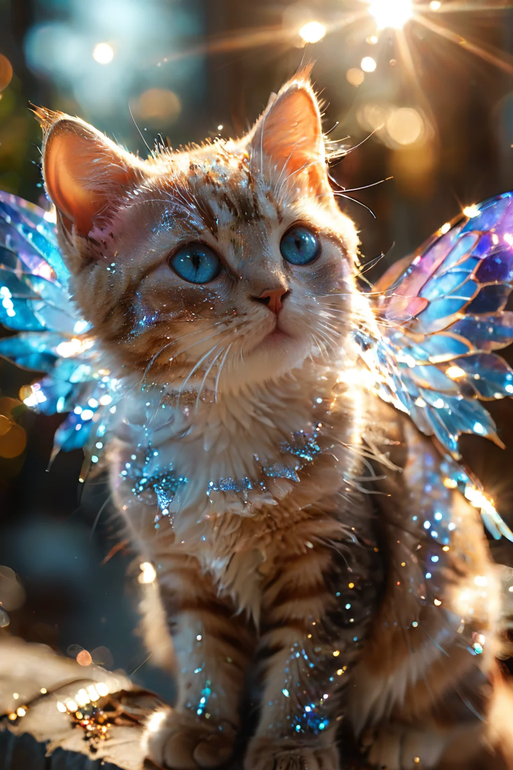 breathtaking <lora:CatSaviorXL:0.9>,
CatSavior,no humans,animal focus,cat,blurry,animal,whiskers,bokeh,head lift,blurry background,wings,realistic,depth of field,lens flare,blue eyes,light particles,shiny,
(light particles:1.3),(glowing:1.3),(shiny:1.5),(shone:1.3),medium_shot,sunlight,backlighting,<lora:xl_more_art-full_v1:0.6>,(cat with wings:1.3),, best quality , masterpiece, illustration, an extremely delicate and beautiful, extremely detailed ,CG,unity,8k wallpaper, Amazing, finely detail, masterpiece, best quality,official art,extremely detailed CG unity 8k wallpaper,absurdres, incredibly absurdres, huge filesize , ultra-detailed, highres, extremely detailed,beautiful detailed girl, extremely detailed eyes and face, beautiful detailed eyes,light on face, . award-winning, professional, highly detailed