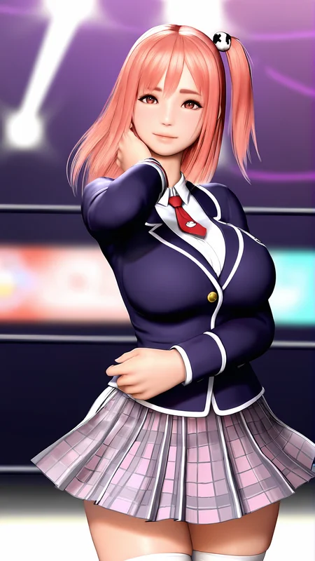 amazing quality,absurdres,best quality,masterpiece,highres,newest,detailed,detailed body,detailed face,masterpiece,best quality,solo,3d,realistic,
mixfight2,1girl,solo,thighhighs,school uniform,skirt,necktie,pink hair,honoka \(doa\),<lora:mixfight2:0.9>,
upper body,looking at viewer,