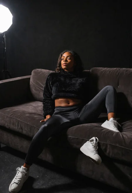 sdxl_astridholgr, masterpiece, best quality, cinematic studio ambiance, low-key lighting style, a  dark-skinned woman lounging across a black velvet couch, wearing cropped teddy fleece pullover with satin capri leggings, platform sneakers, subtle moan caught on lip, brows relaxed, rich fabric textures, dramatic soft falloff shadows, single overhead spotlight, elegant framing, photorealistic textures