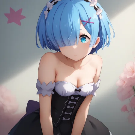 (detailed background:1.5),score_9,score_8_up,score_7_up,score_6_up,source_anime,anime style,1girl,<lora:StS_PonyXL_Detail_Slider_v1.4_iteration_3:1>,<lora:Breast Slider - Pony_alpha1.0_rank4_noxattn_last:-0.5>,
<lora:Nipple Size Slider_alpha1.0_rank4_noxattn_last:-0.2>,<lora:d3t41l3dXLP:0.2>,<lora:m0njy4XLP:0.4>,<lora:susamix010-pony:0.3>,<lora:cutecorestyle:0.3>,cute,kawaii,<lora:age_slider_v4:1>,mature female,<lora:Tight_corset:0.8>,tight_clothes,tight_corset,(skindentation),cleavage,strapless,bare shoulders,undersized clothes,breasts,<lora:Rem:0.9>,rem,shutara senjumaru,short hair,blue hair,blue eyes,hair over one eye,